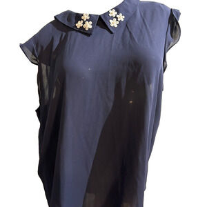 Women’s Elle Navy Blue and White Embroidery Sleeveless Sheer Tank Top Size XL 16